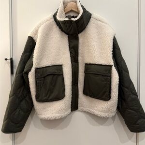 Athleta Fleece Hybrid Jacket Olive Green and Cream Size XL Tall